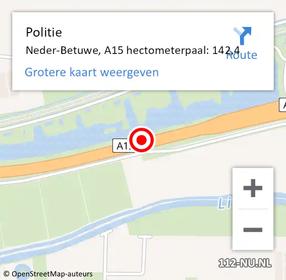Locatie op kaart van de 112 melding: Politie Neder-Betuwe, A15 hectometerpaal: 142,4 op 22 juni 2022 16:50