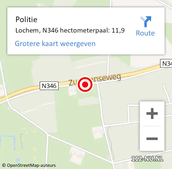 Locatie op kaart van de 112 melding: Politie Lochem, N346 hectometerpaal: 11,9 op 22 juni 2022 16:53