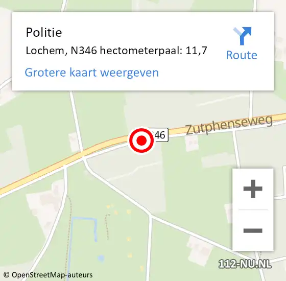 Locatie op kaart van de 112 melding: Politie Lochem, N346 hectometerpaal: 11,7 op 22 juni 2022 16:54
