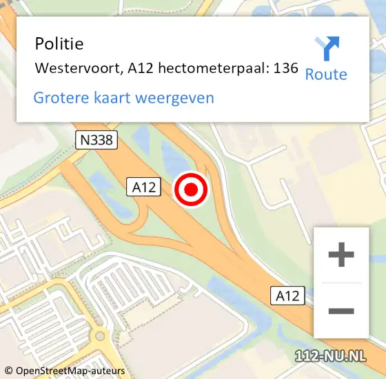 Locatie op kaart van de 112 melding: Politie Westervoort, A12 hectometerpaal: 136 op 22 juni 2022 16:57
