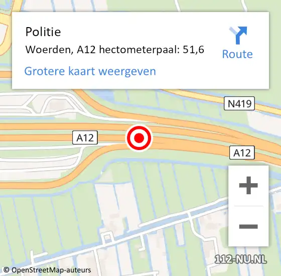 Locatie op kaart van de 112 melding: Politie Woerden, A12 hectometerpaal: 51,6 op 22 juni 2022 17:10