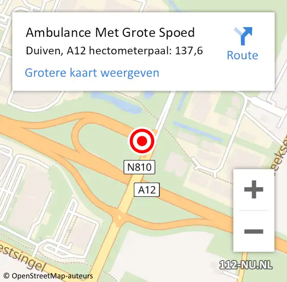 Locatie op kaart van de 112 melding: Ambulance Met Grote Spoed Naar Duiven, A12 hectometerpaal: 137,6 op 22 juni 2022 17:11