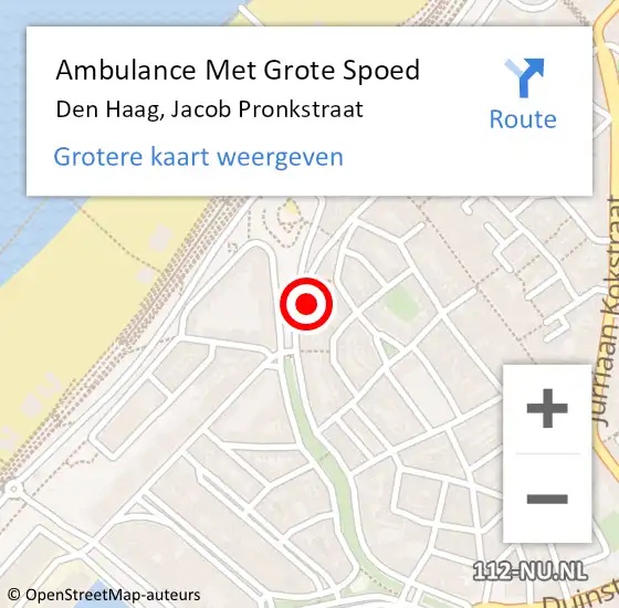 Locatie op kaart van de 112 melding: Ambulance Met Grote Spoed Naar Den Haag, Jacob Pronkstraat op 22 juni 2022 17:15