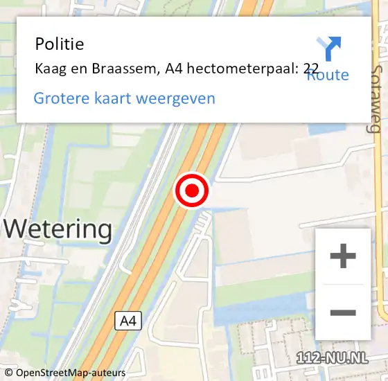 Locatie op kaart van de 112 melding: Politie Kaag en Braassem, A4 hectometerpaal: 22 op 22 juni 2022 18:09