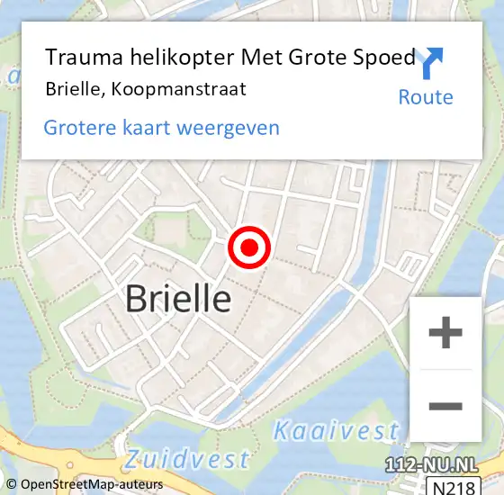 Locatie op kaart van de 112 melding: Trauma helikopter Met Grote Spoed Naar Brielle, Koopmanstraat op 22 juni 2022 18:44