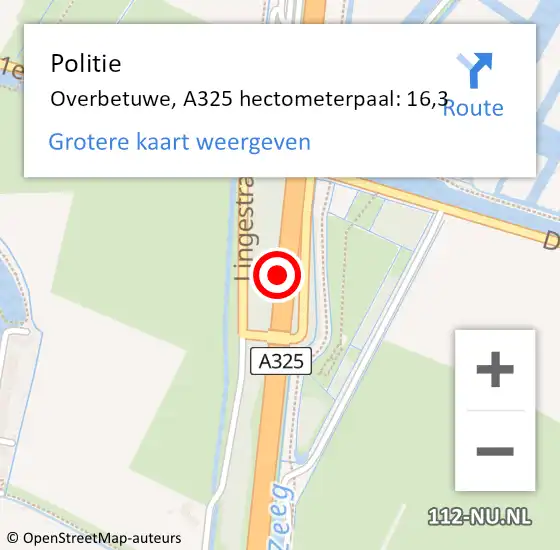 Locatie op kaart van de 112 melding: Politie Overbetuwe, A325 hectometerpaal: 16,3 op 22 juni 2022 19:23