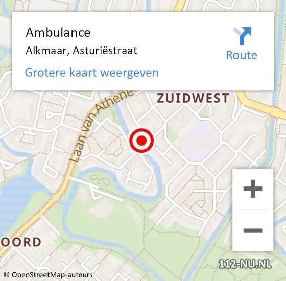 Locatie op kaart van de 112 melding: Ambulance Alkmaar, Asturiëstraat op 22 juni 2022 19:35