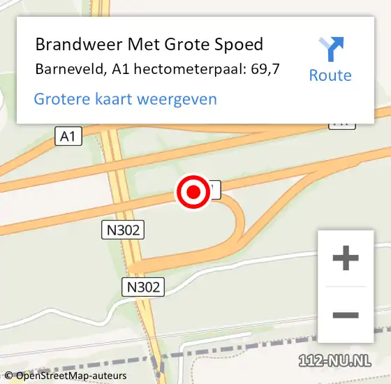 Locatie op kaart van de 112 melding: Brandweer Met Grote Spoed Naar Barneveld, A1 hectometerpaal: 69,7 op 22 juni 2022 20:02