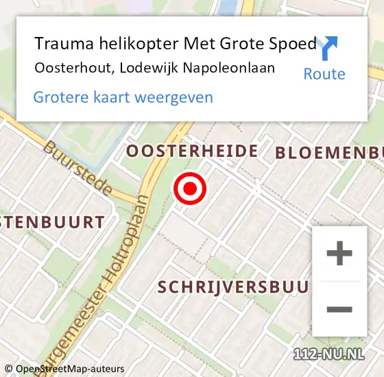 Locatie op kaart van de 112 melding: Trauma helikopter Met Grote Spoed Naar Oosterhout, Lodewijk Napoleonlaan op 22 juni 2022 20:23