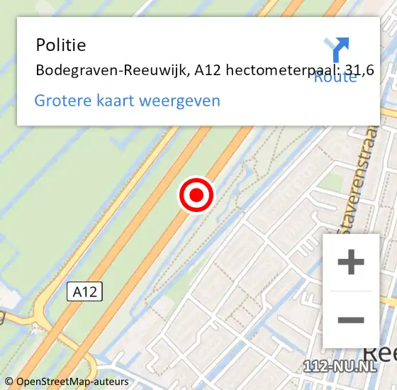 Locatie op kaart van de 112 melding: Politie Bodegraven-Reeuwijk, A12 hectometerpaal: 31,6 op 22 juni 2022 21:57