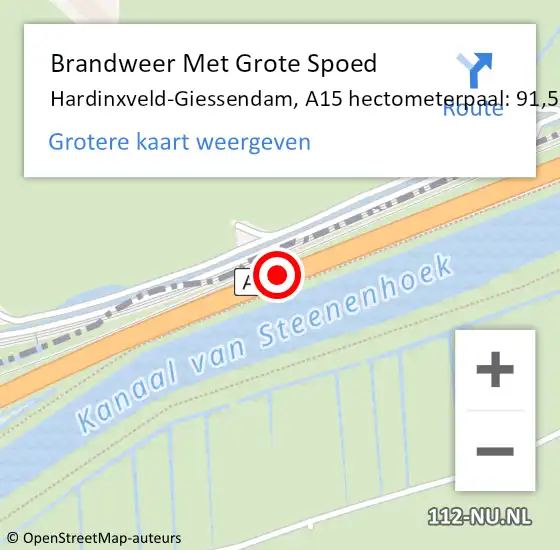 Locatie op kaart van de 112 melding: Brandweer Met Grote Spoed Naar Hardinxveld-Giessendam, A15 hectometerpaal: 91,5 op 23 juni 2022 00:00