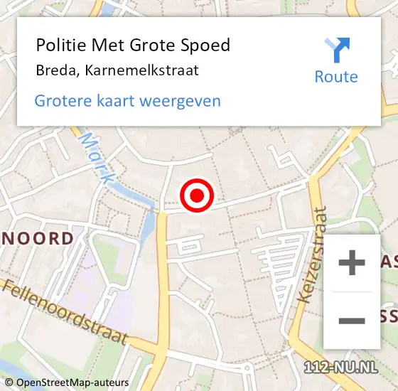 Locatie op kaart van de 112 melding: Politie Met Grote Spoed Naar Breda, Karnemelkstraat op 23 juni 2022 04:00