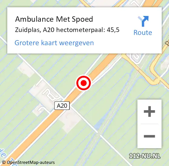 Locatie op kaart van de 112 melding: Ambulance Met Spoed Naar Zuidplas, A20 hectometerpaal: 45,5 op 23 juni 2022 06:40