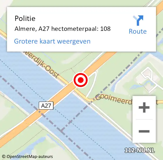 Locatie op kaart van de 112 melding: Politie Almere, A27 hectometerpaal: 108 op 23 juni 2022 07:57