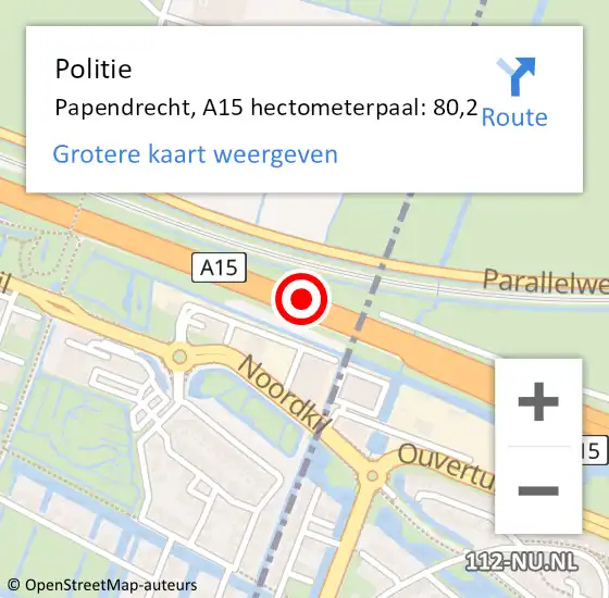 Locatie op kaart van de 112 melding: Politie Papendrecht, A15 hectometerpaal: 80,2 op 23 juni 2022 08:05