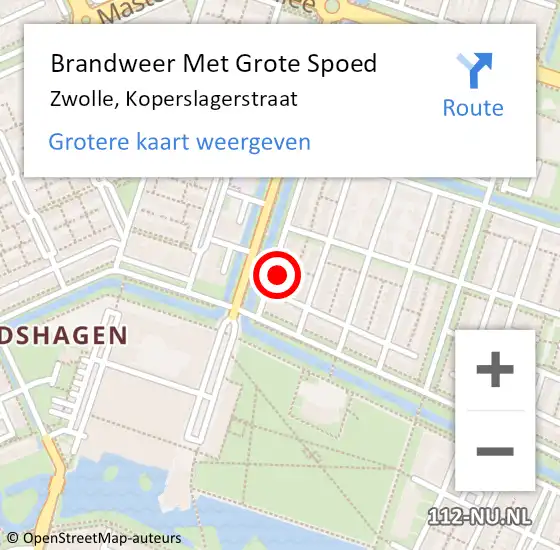 Locatie op kaart van de 112 melding: Brandweer Met Grote Spoed Naar Zwolle, Koperslagerstraat op 23 juni 2022 09:05