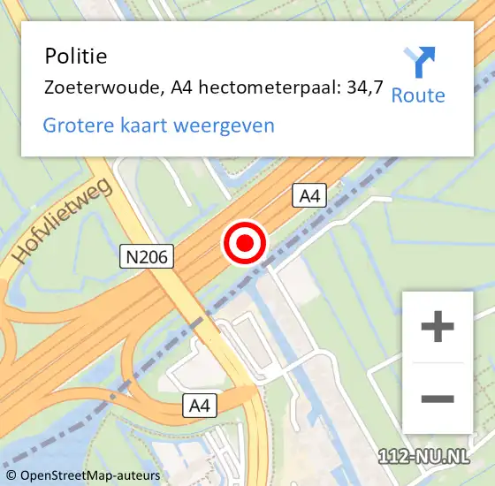 Locatie op kaart van de 112 melding: Politie Zoeterwoude, A4 hectometerpaal: 34,7 op 23 juni 2022 09:34