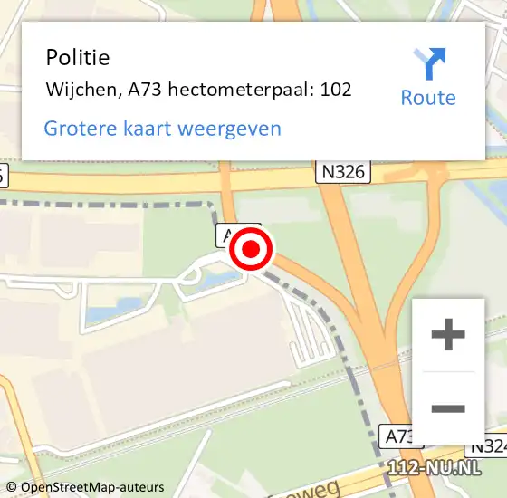 Locatie op kaart van de 112 melding: Politie Wijchen, A73 hectometerpaal: 102 op 23 juni 2022 10:57