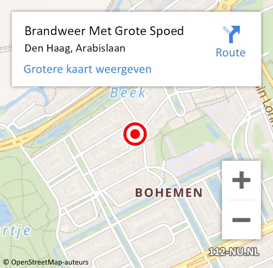 Locatie op kaart van de 112 melding: Brandweer Met Grote Spoed Naar Den Haag, Arabislaan op 23 juni 2022 11:20