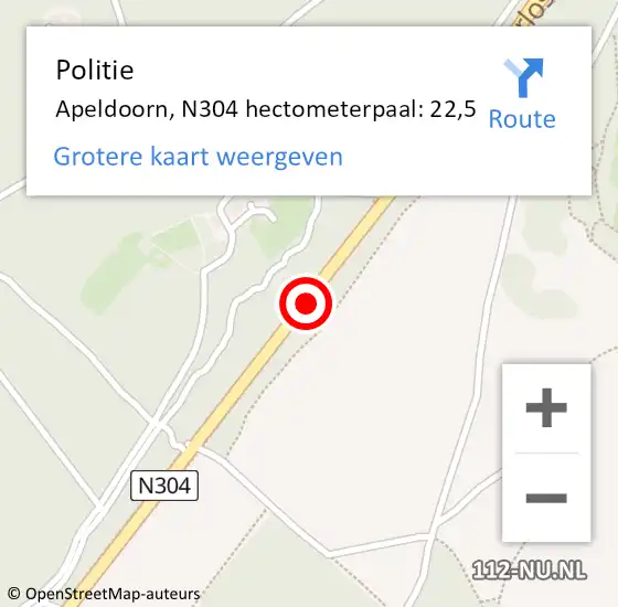 Locatie op kaart van de 112 melding: Politie Apeldoorn, N304 hectometerpaal: 22,5 op 23 juni 2022 11:42