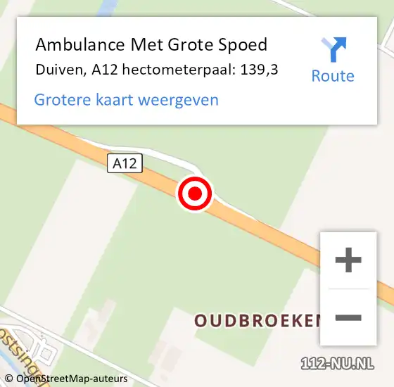 Locatie op kaart van de 112 melding: Ambulance Met Grote Spoed Naar Duiven, A12 hectometerpaal: 139,3 op 23 juni 2022 12:17
