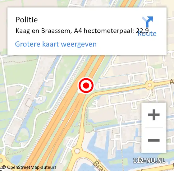 Locatie op kaart van de 112 melding: Politie Kaag en Braassem, A4 hectometerpaal: 22,9 op 23 juni 2022 12:48