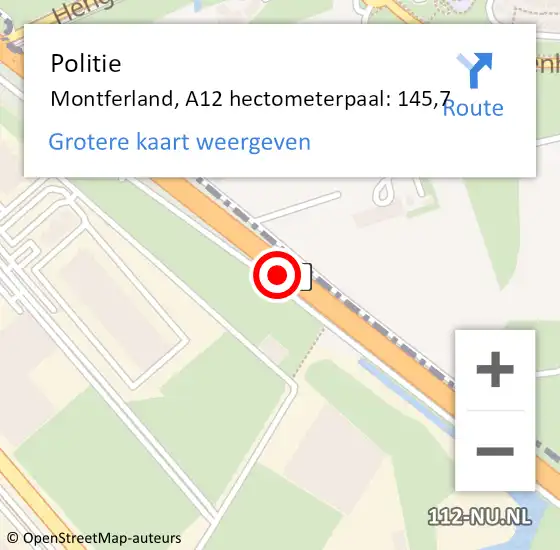 Locatie op kaart van de 112 melding: Politie Montferland, A12 hectometerpaal: 145,7 op 23 juni 2022 13:46