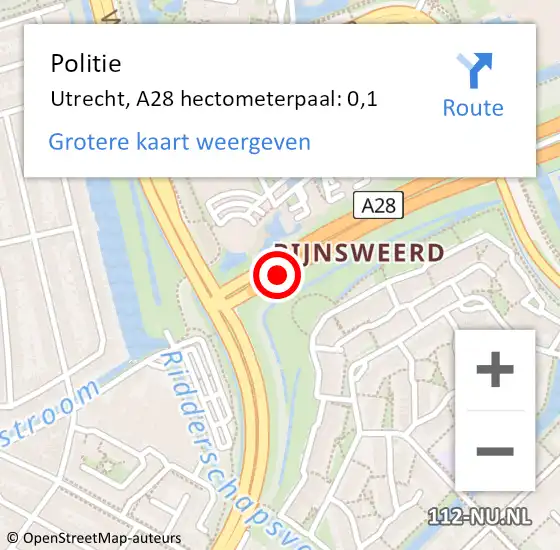 Locatie op kaart van de 112 melding: Politie Utrecht, A28 hectometerpaal: 0,1 op 23 juni 2022 13:55