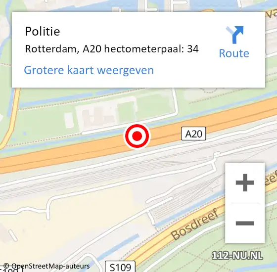 Locatie op kaart van de 112 melding: Politie Rotterdam, A20 hectometerpaal: 34 op 23 juni 2022 13:59