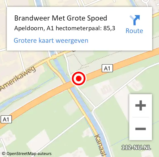 Locatie op kaart van de 112 melding: Brandweer Met Grote Spoed Naar Apeldoorn, A1 hectometerpaal: 85,3 op 23 juni 2022 14:19