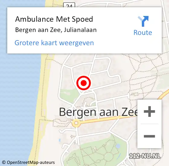 Locatie op kaart van de 112 melding: Ambulance Met Spoed Naar Bergen aan Zee, Julianalaan op 23 juni 2022 14:22