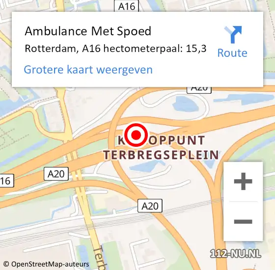 Locatie op kaart van de 112 melding: Ambulance Met Spoed Naar Rotterdam, A16 hectometerpaal: 15,3 op 23 juni 2022 14:42