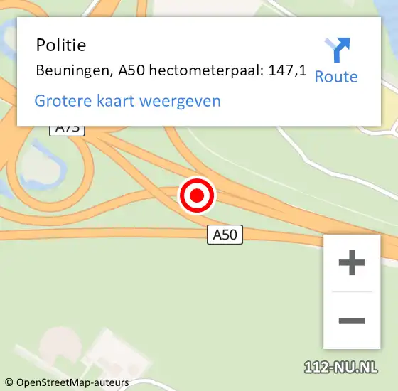 Locatie op kaart van de 112 melding: Politie Beuningen, A50 hectometerpaal: 147,1 op 23 juni 2022 14:43