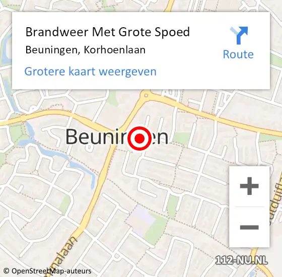 Locatie op kaart van de 112 melding: Brandweer Met Grote Spoed Naar Beuningen, Korhoenlaan op 23 juni 2022 14:59