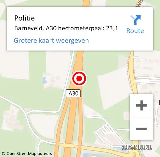 Locatie op kaart van de 112 melding: Politie Barneveld, A30 hectometerpaal: 23,1 op 23 juni 2022 15:47
