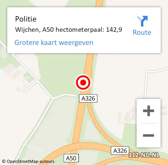 Locatie op kaart van de 112 melding: Politie Wijchen, A50 hectometerpaal: 142,9 op 23 juni 2022 17:19