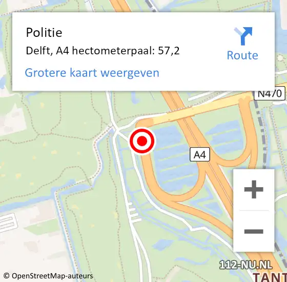 Locatie op kaart van de 112 melding: Politie Delft, A4 hectometerpaal: 57,2 op 23 juni 2022 17:53