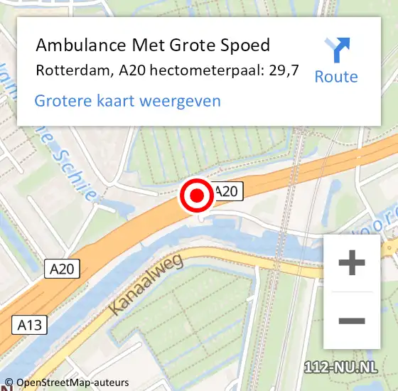 Locatie op kaart van de 112 melding: Ambulance Met Grote Spoed Naar Rotterdam, A20 hectometerpaal: 29,7 op 23 juni 2022 18:17