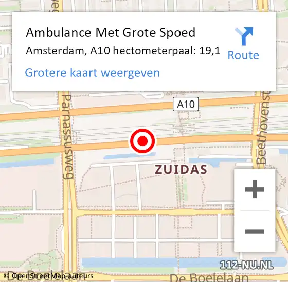 Locatie op kaart van de 112 melding: Ambulance Met Grote Spoed Naar Amsterdam, A10 hectometerpaal: 19,1 op 23 juni 2022 18:19