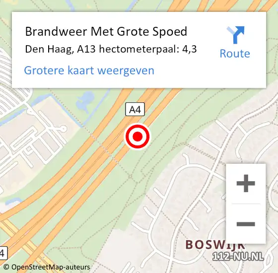 Locatie op kaart van de 112 melding: Brandweer Met Grote Spoed Naar Den Haag, A13 hectometerpaal: 4,3 op 24 juni 2022 01:47