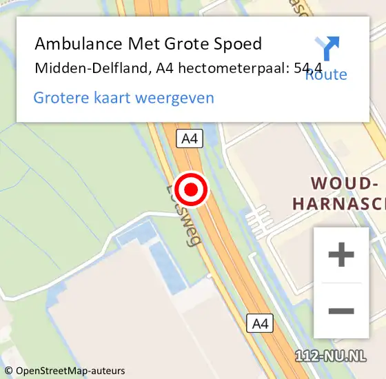 Locatie op kaart van de 112 melding: Ambulance Met Grote Spoed Naar Midden-Delfland, A4 hectometerpaal: 54,4 op 24 juni 2022 03:44
