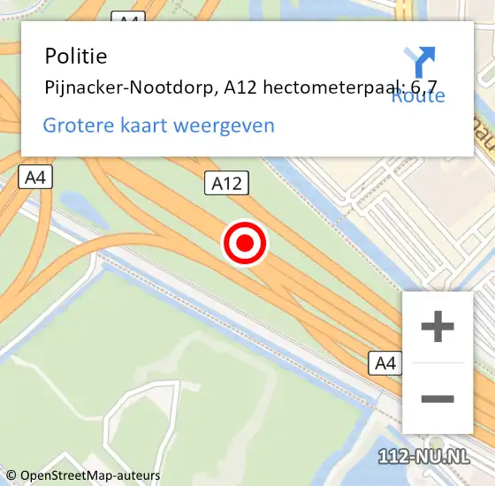 Locatie op kaart van de 112 melding: Politie Pijnacker-Nootdorp, A12 hectometerpaal: 6,7 op 24 juni 2022 05:50