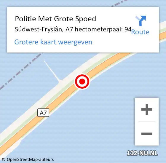 Locatie op kaart van de 112 melding: Politie Met Grote Spoed Naar Súdwest-Fryslân, A7 hectometerpaal: 94 op 24 juni 2022 06:12