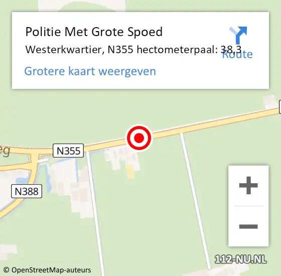 Locatie op kaart van de 112 melding: Politie Met Grote Spoed Naar Westerkwartier, N355 hectometerpaal: 38,3 op 24 juni 2022 08:05