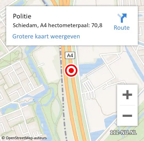 Locatie op kaart van de 112 melding: Politie Schiedam, A4 hectometerpaal: 70,8 op 24 juni 2022 08:23