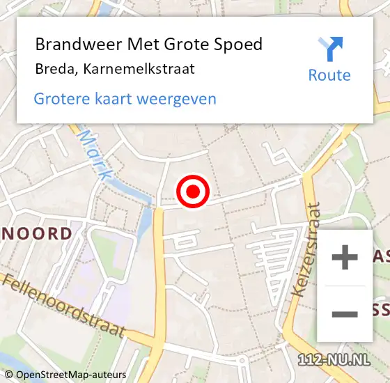 Locatie op kaart van de 112 melding: Brandweer Met Grote Spoed Naar Breda, Karnemelkstraat op 24 juni 2022 08:44