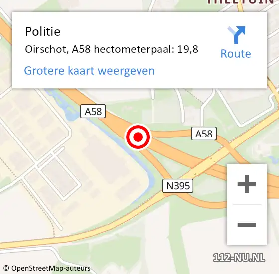 Locatie op kaart van de 112 melding: Politie Oirschot, A58 hectometerpaal: 19,8 op 24 juni 2022 08:48