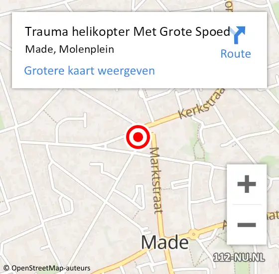 Locatie op kaart van de 112 melding: Trauma helikopter Met Grote Spoed Naar Made, Molenplein op 24 juni 2022 09:23