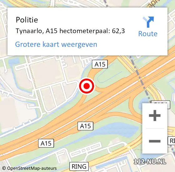 Locatie op kaart van de 112 melding: Politie Tynaarlo, A15 hectometerpaal: 62,3 op 24 juni 2022 09:47