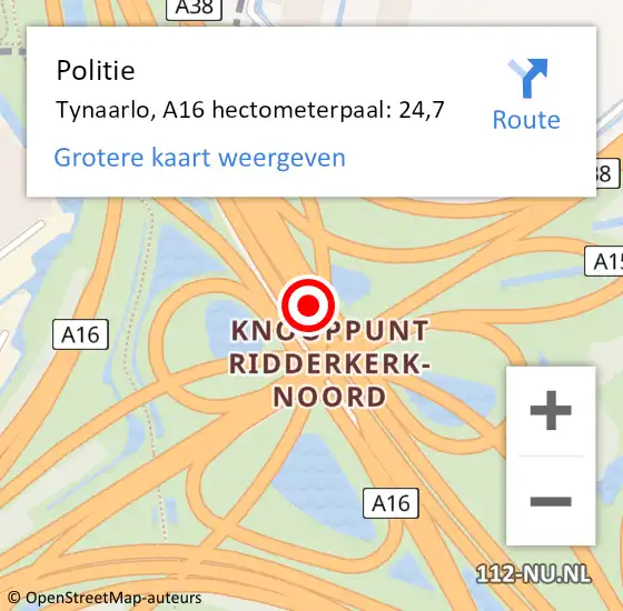 Locatie op kaart van de 112 melding: Politie Tynaarlo, A16 hectometerpaal: 24,7 op 24 juni 2022 10:00